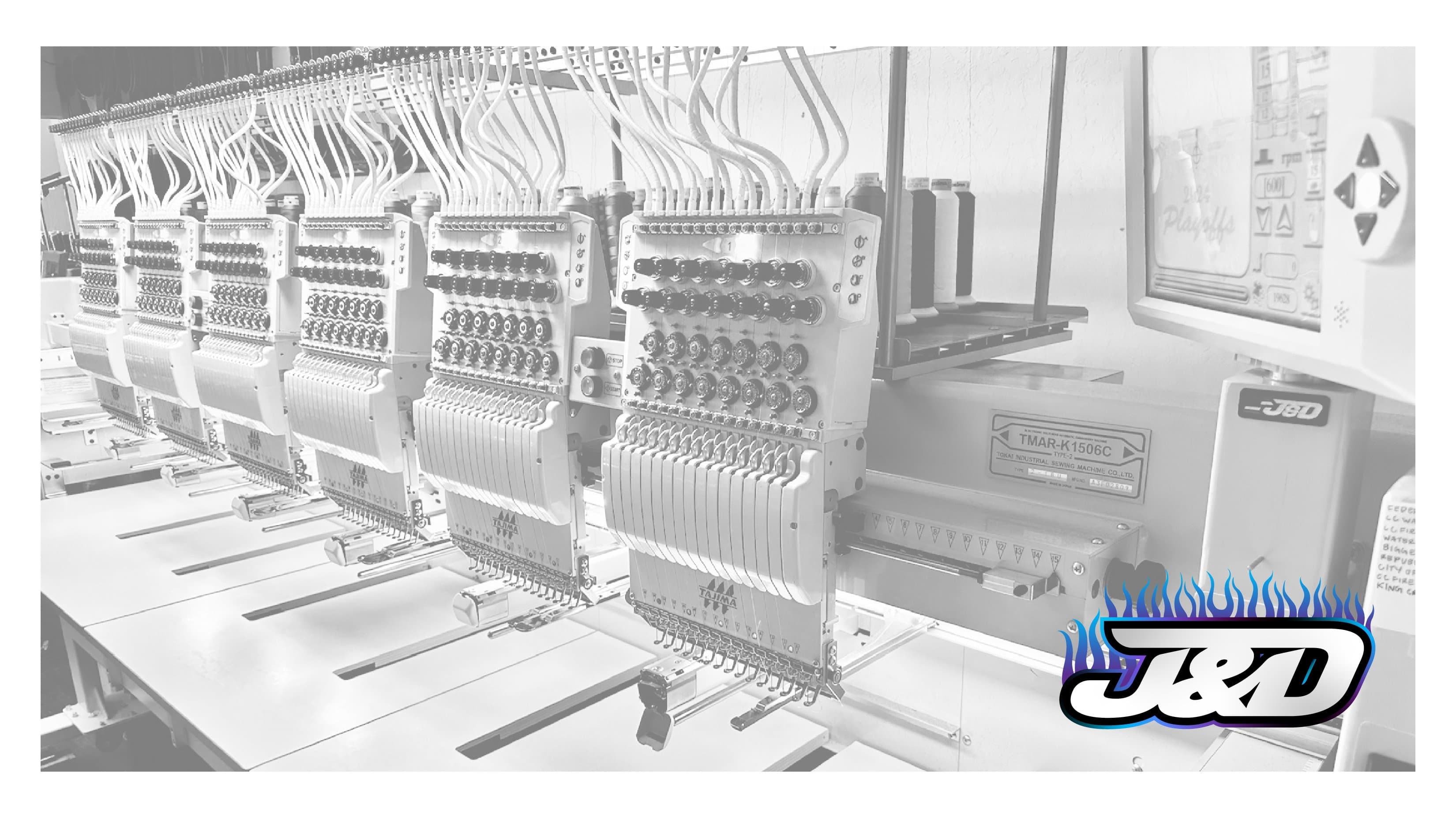 J&D Custom Embroidery — six-head Tajima machines on the shop floor