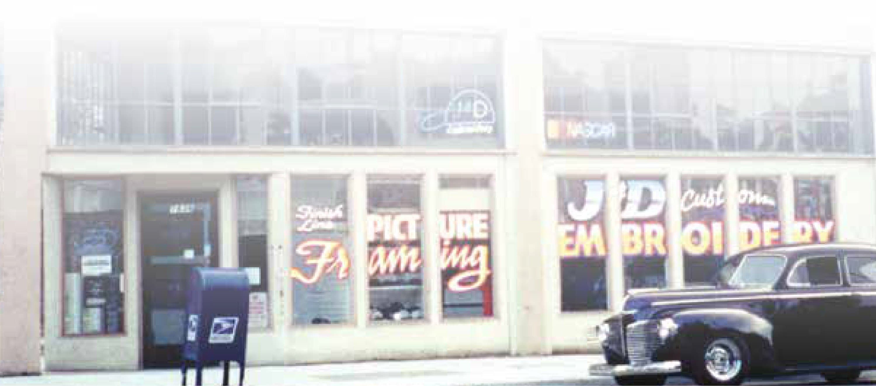 J&D Custom Embroidery storefront at 1636 Pacheco Blvd in Martinez, California — vintage postcard graphic