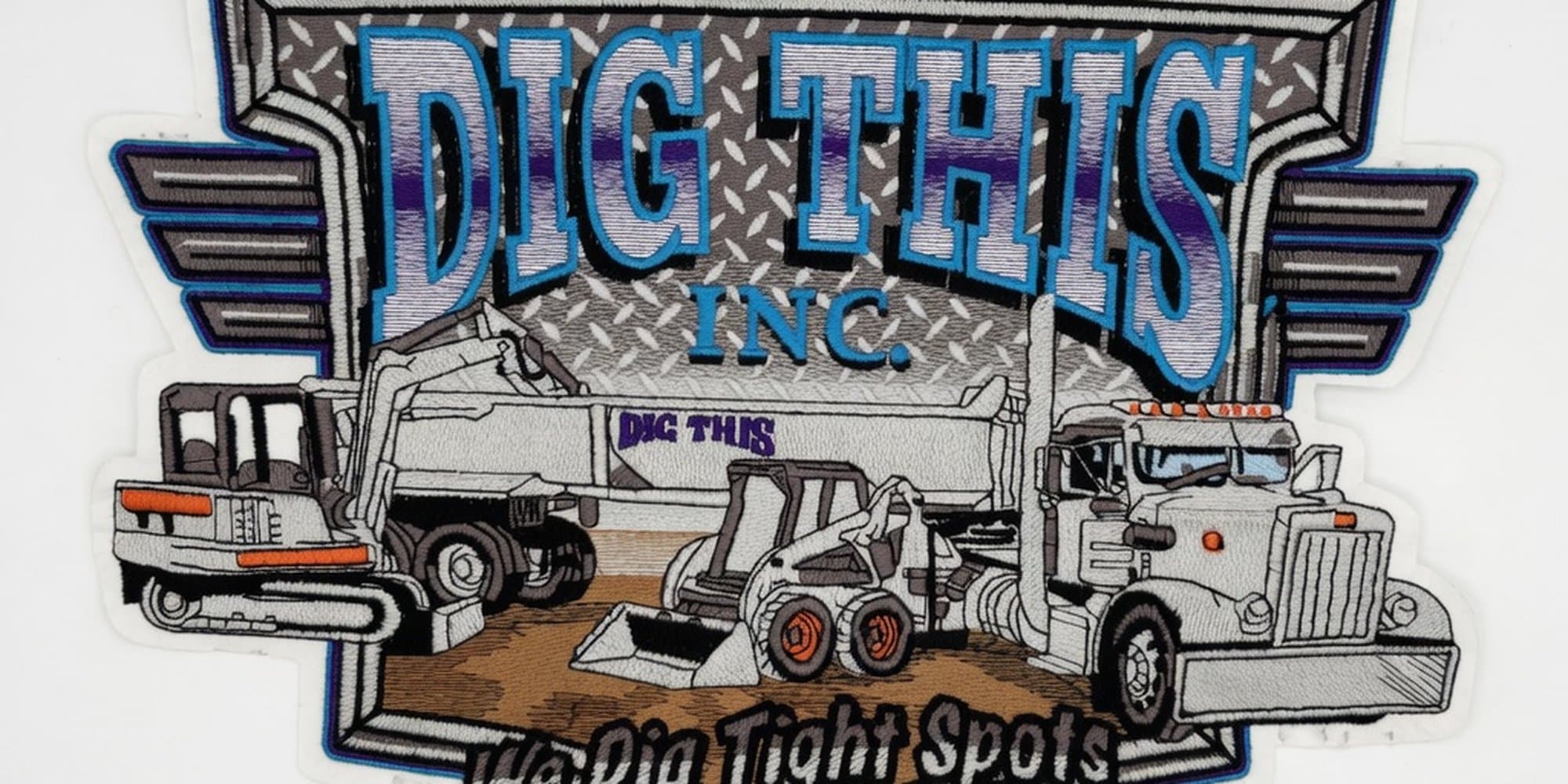 A large custom embroidered patch for Dig This Inc. — construction company logo with three vehicles and the tagline 'We Dig Tight Spots'