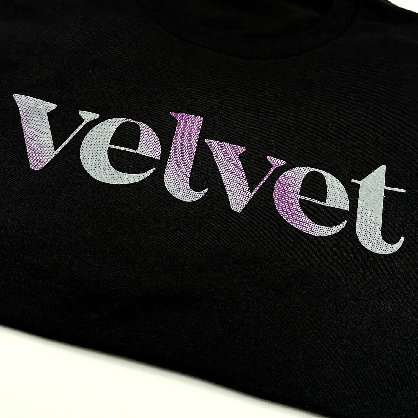 Velvet halftone gradient typography print on black tee