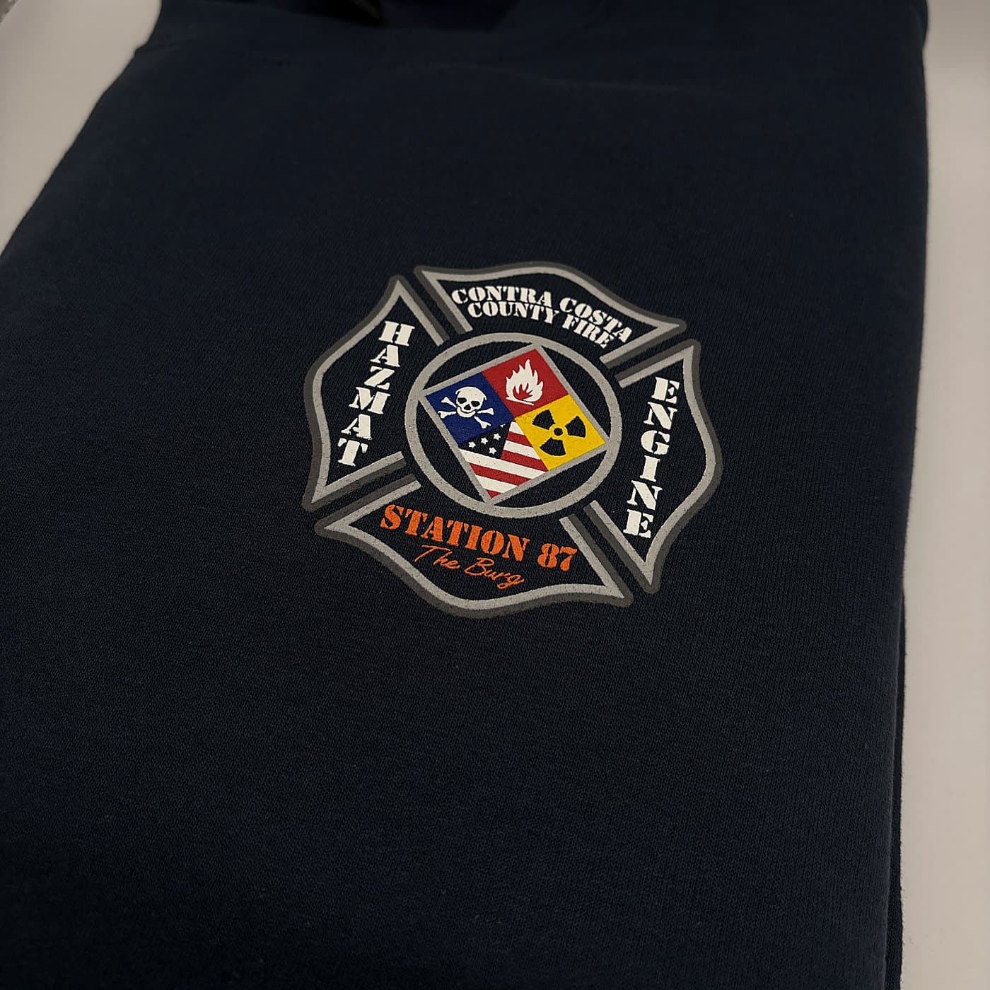 Contra Costa County Fire Station 87 HAZMAT & Engine emblem on navy hoodie