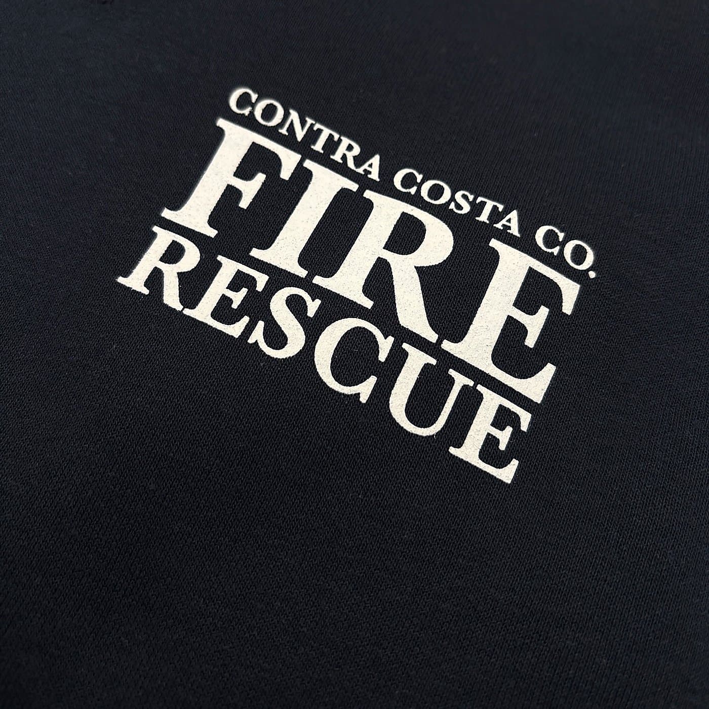 Contra Costa Co. Fire Rescue serif type on black sweatshirt